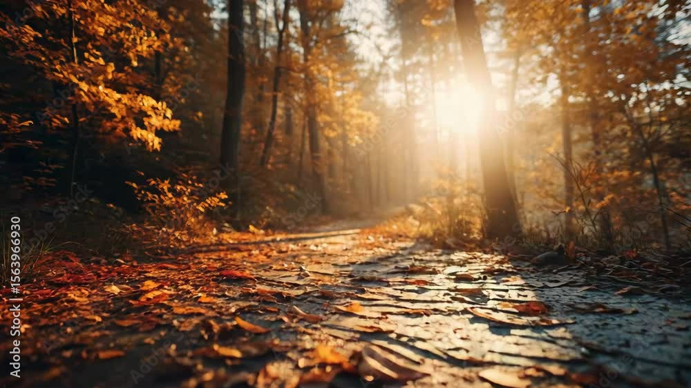 Autumn forest path with sunlight filtering through trees  