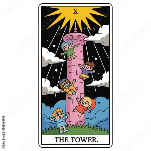 Kawaii tarot card of The Tower with cute crumbling tower struck by pastel lightning and falling characters in comic silhouette style