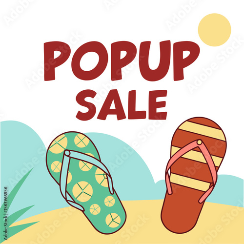 Summer beach pop up sale announcement featuring colorful flip flops on sand with gentle waves and a bright sun overhead