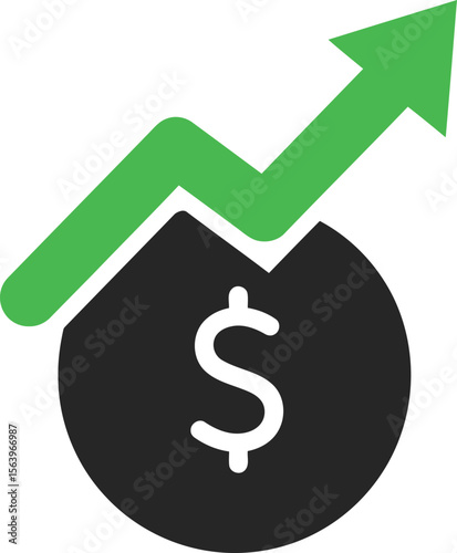 An upward trending green arrow over a black circle with a dollar sign.