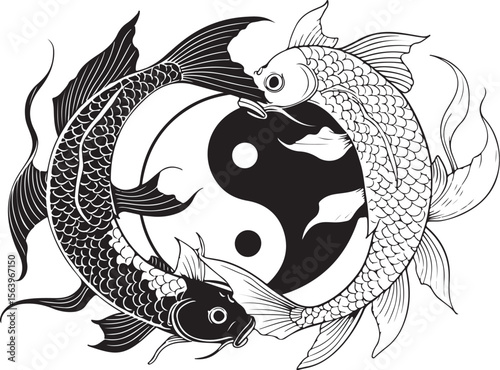 Yin Yang Koi Fish Tattoo Design, Black and White Vector Illustration