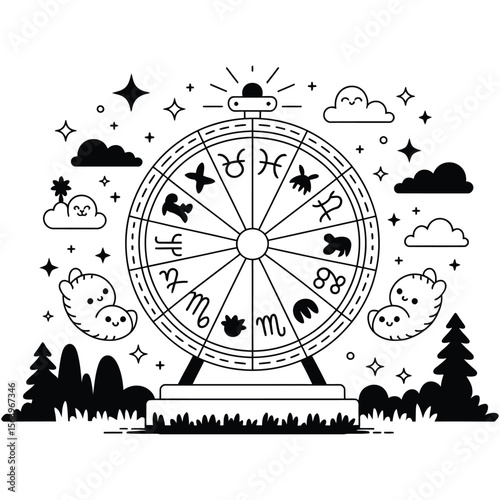 Kawaii tarot card of Wheel of Fortune with magical zodiac wheel, cute floating animals, clouds, and sparkles in silhouette style