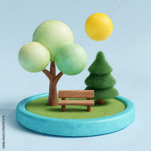 Stylized miniature park with rounded trees bench and yellow sun 3d render green grass