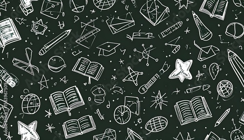 Hand-Drawn Doodles of Math Symbols and Books on a Chalkboard Background, Ideal for Educational Materials and Creative Projects