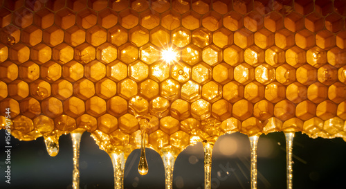 Detailed close-up of honeycomb with golden honey dripping in perfect lighting. AI