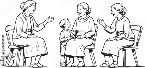 Black and white illustration of three women and a child