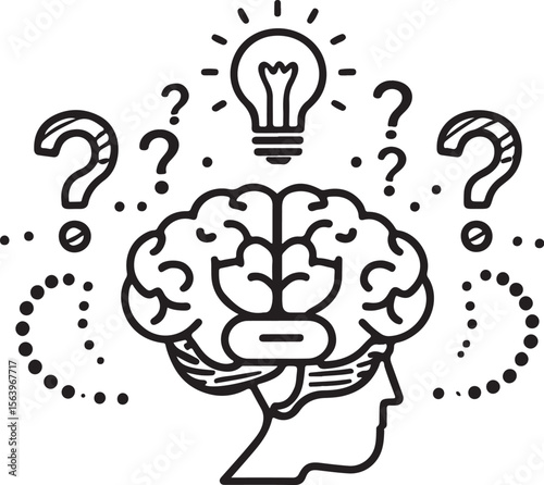 Black and white brain illustration with lightbulb and question marks, vector design