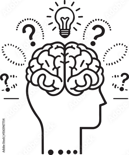 Black and white brain illustration with lightbulb and question marks, vector design