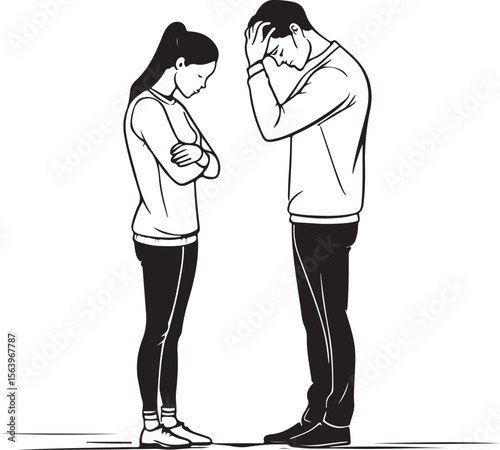 Black and white illustration of a sad couple, vector art