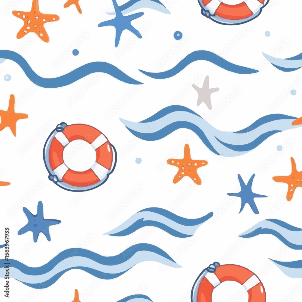 Obraz premium Flat pattern with cartoon lifebuoys, sea stars and light blue wave lines on white, featuring childlike simplified shapes, perfect for playful packaging, summer decor and children’s products