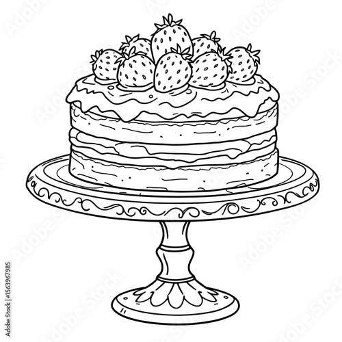 Delicious Strawberry Layer Cake on a Decorative Stand for Coloring Fun