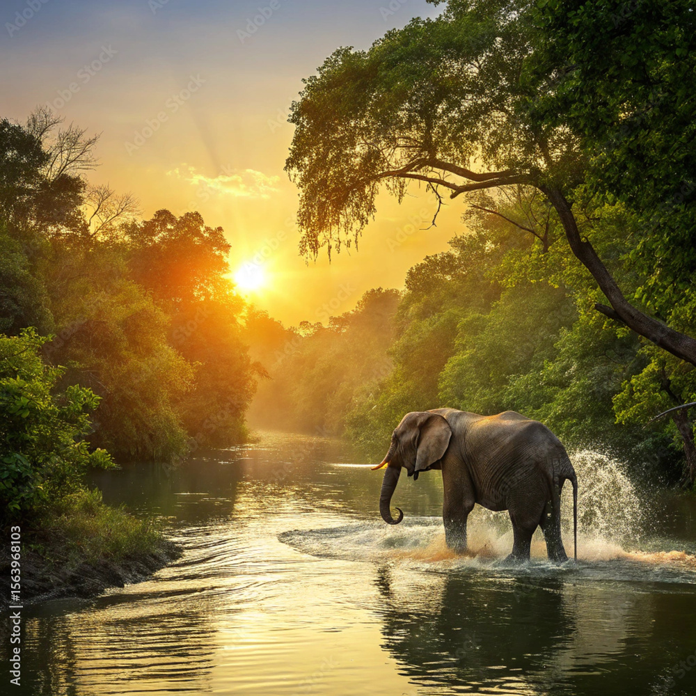 Fototapeta premium African elephants at sunset, a large wild mammal silhouette with a baby by the water.