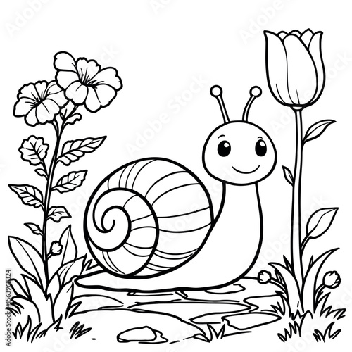 Cute happy snail enjoying a sunny day surrounded by beautiful flowers and plants illustration for coloring