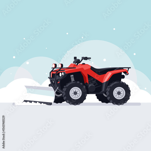 ATV with front-mounted snow plow on winter background, vector illustration