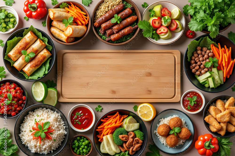 Culinary Feast A Diverse Selection of Dishes Surrounding a Wooden Board Perfect for Showcasing a Variety of Appetizers and Entrees Culinary Feast A Diverse Selection of Dishes Surrounding a Wooden Board Perfect for Showcasing a Variety of Appetizers and Entrees