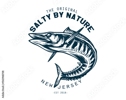 Salty by nature new jersey fishing barracuda illustration design vector graphic for apparel and merchandise Vector EPS 