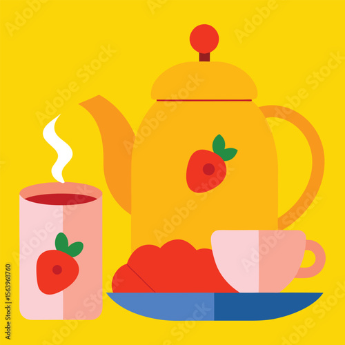A cheerful setting awaits with a yellow kettle steaming beside a fragrant cup of tea .