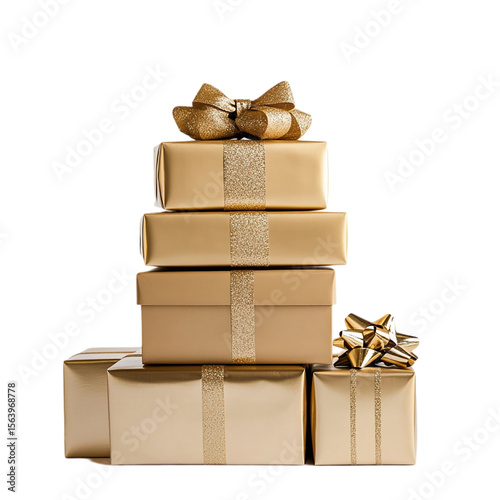 stack of gold gift boxes isolated on transparent background