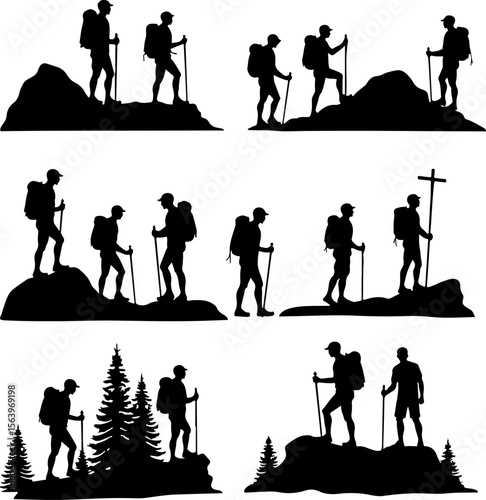 Mountain Hiking Bikers Riding Silhouettes Set vector bundle