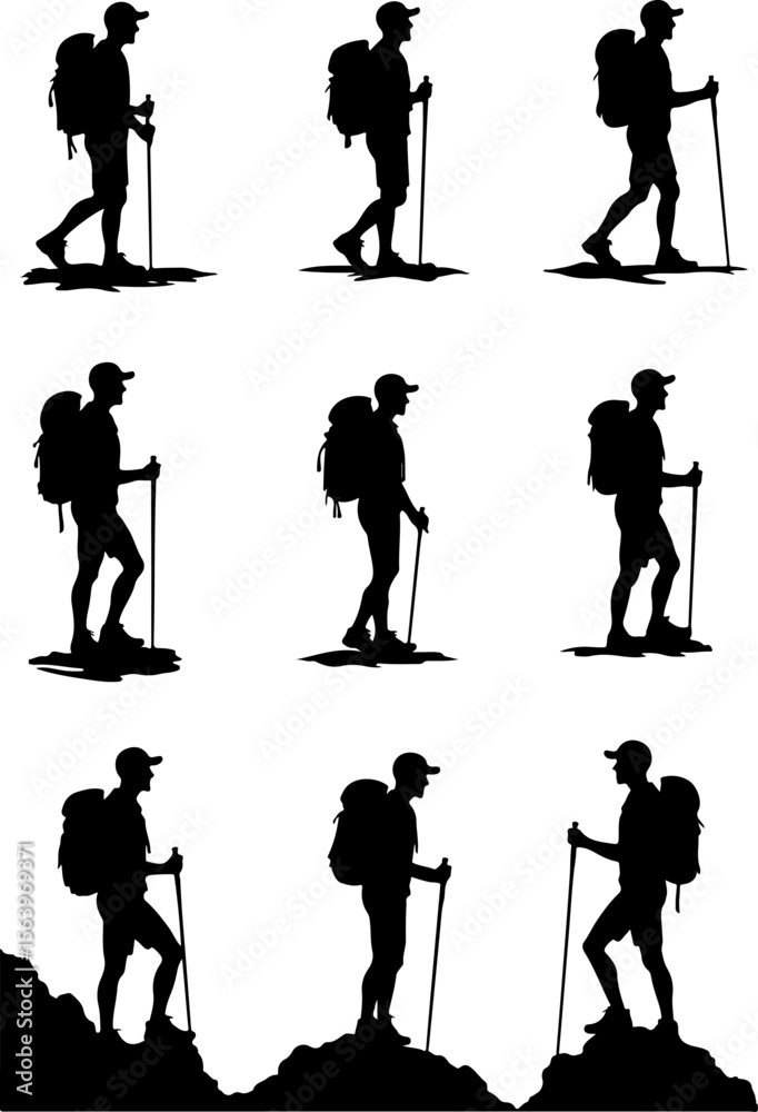 Obraz premium mountain hiker, hiking, trekking, outdoors, adventure, tree vector bundle