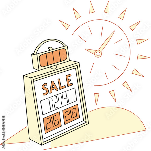 A stylized illustration of a digital display board showing the word sale and numbers with a clock and sun graphic in the background