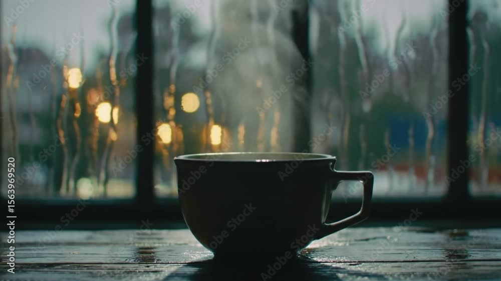 A cozy scene showing a steaming cup of hot beverage placed on a wooden surface by a rainy window. Warm indoor atmosphere with raindrops and soft bokeh lights in the background