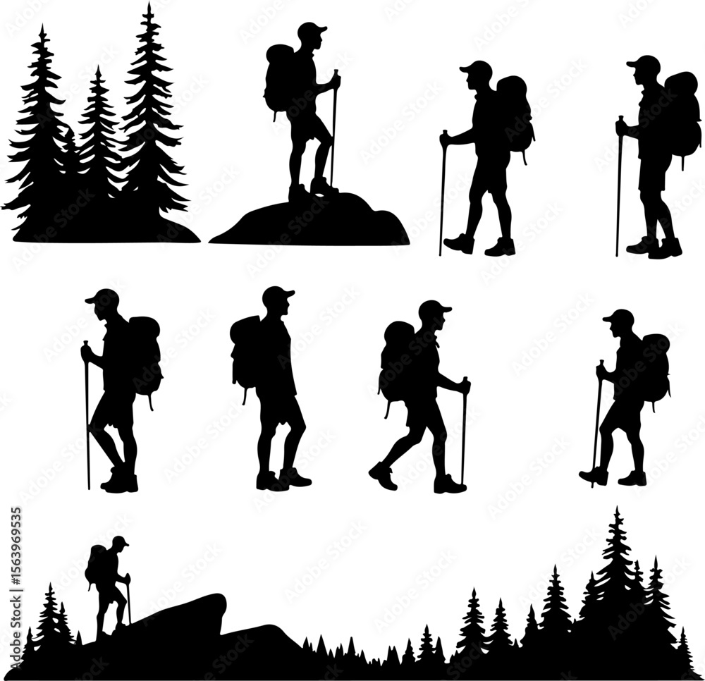 Obraz premium Mountain Hiking Bikers Riding Silhouettes Set vector bundle