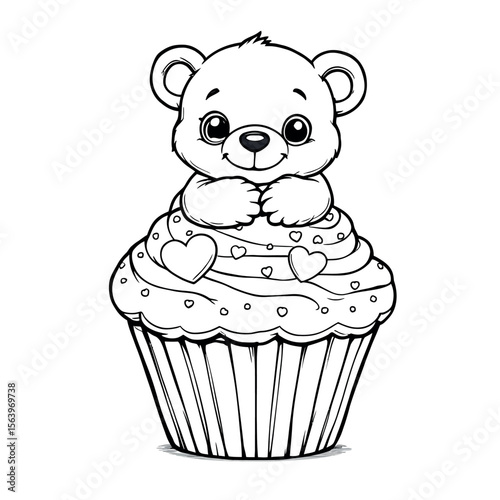 Adorable Teddy Bear Sitting on a Delicious Cupcake with Hearts and Swirls Line Art Coloring Page Vector