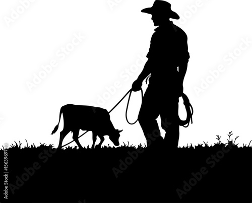 silhouette of a cow with it's owner