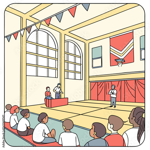 Diverse group of children and adults gathered in a school gymnasium watching a presentation on a stage with red curtains and colorful bunting overhead