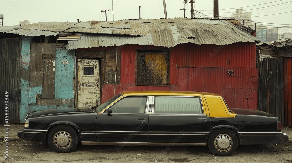 Fototapeta premium A classic black and yellow luxury limousine is parked in front of a dilapidated tin-roof shack, highlighting social contrast.