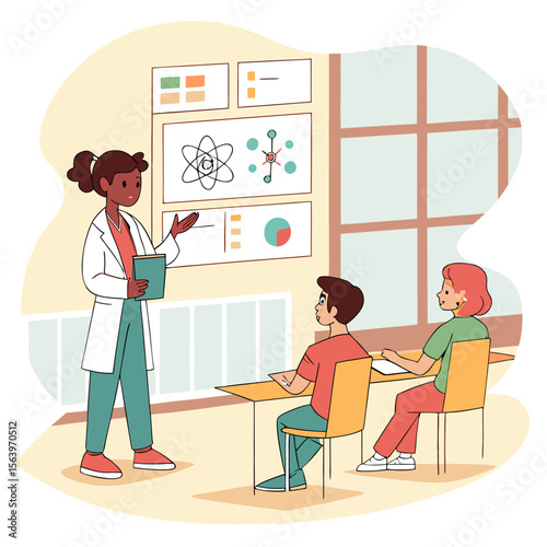 A diverse female scientist in a lab coat teaches students about atomic structure and data analysis during a science lesson in a bright classroom
