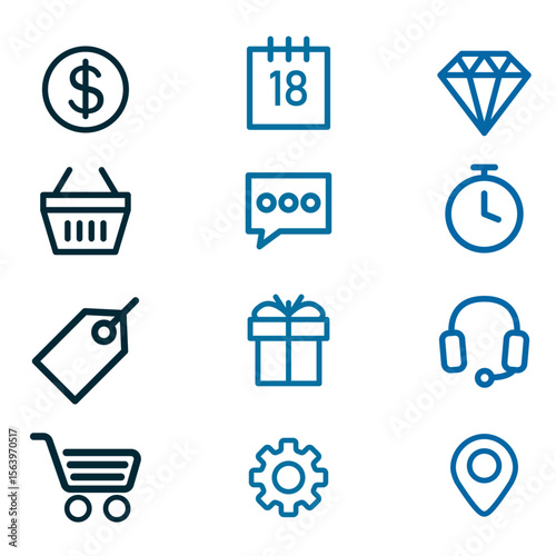 E-commerce Marketplace Icon Set. Online Shopping, Cart, Payment, Store, and E-Business Outline Symbols. Vector Illustration Collection Isolated on White.

