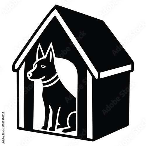 A Silhouetted Dog Comfortably Resting Inside its Doghouse Simple Black and White Graphic Suitable for Various Applications and Designs