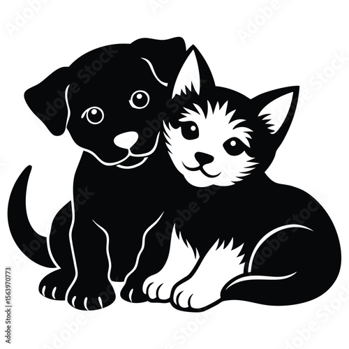 Charming Black and White Illustration of a Puppy and Kitten in a Sweet Embrace Depicting Friendship and Togetherness
