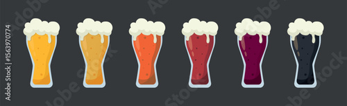 Set of 6 glasses of different types of beer - Vector illustration