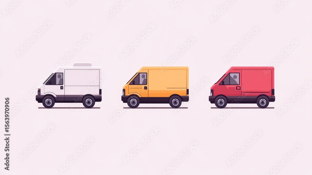 Fototapeta premium Three delivery vans in white, yellow, and red are lined up side by side on a plain background, illustrating transportation and logistics.