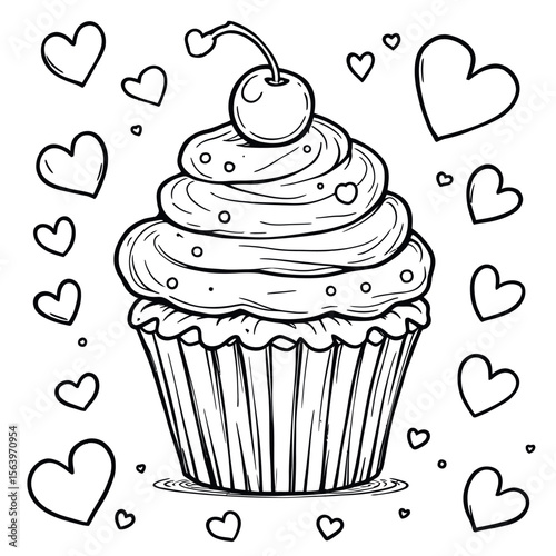 Delicious Cherry Topped Cupcake Surrounded by Hearts Vector Coloring Page for Kids