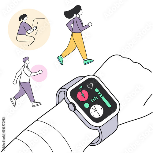 Illustrative depiction of people engaging in fitness activities like running and exercise with a focus on a smartwatch displaying health and activity tracking data