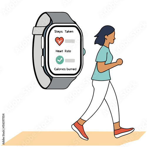 Illustration of a woman walking while her smartwatch displays steps taken heart rate and calories burned data during her fitness activity