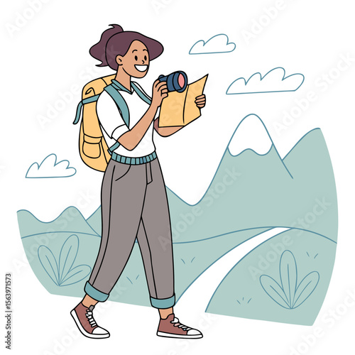 A young woman with a backpack and camera walks on a path through mountains holding a map and looking for directions