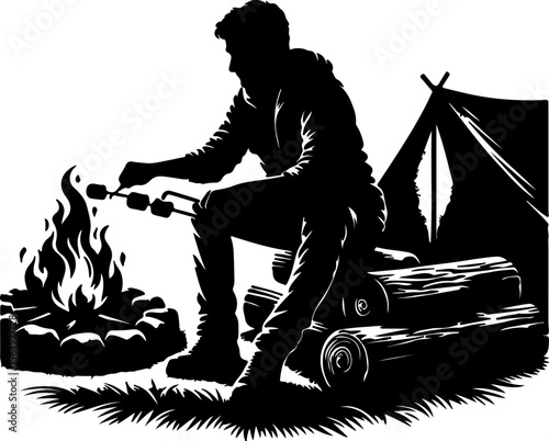 man on the beach fry meat by fire