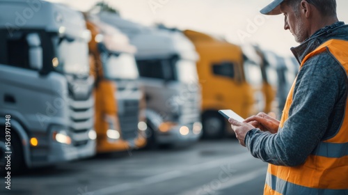 A truck driver wearing a reflective vest is focused on his mobile device while standing near a lineup of parked trucks. The atmosphere is early morning, with soft lighting