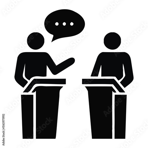 Two Black Silhouettes at Podiums Engaging in Dialogue Speech Debate Discussion white
