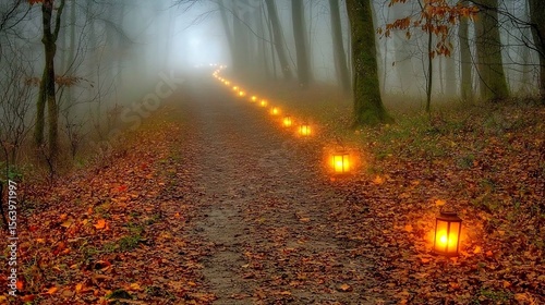A mysterious trail disappearing into dense fog, lined with softly glowing lanterns and drifting fall leaves