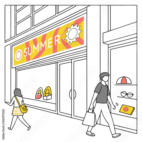 People walking past a storefront displaying summer fashion accessories with a large summer banner and a sun graphic advertising seasonal sales and shopping