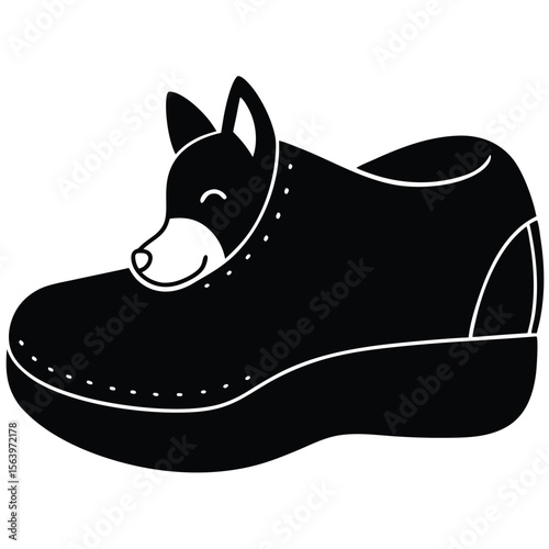 Whimsical Hybrid Footwear A Cartoonish Clog Featuring an Adorable Dog Head Design in Monochrome Style, Adding a Playful Twist