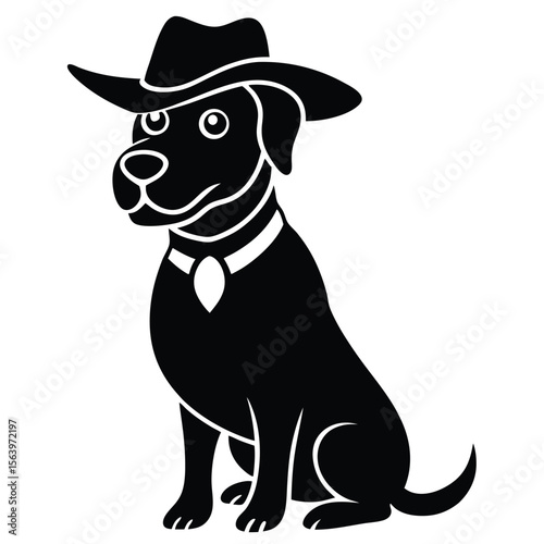 Cartoon Dog in a Hat Sitting Nicely An Adorable Black and White Illustration of a Dog Ready for the Wild West