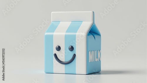 cute milk carton, dairy, smiling face, cartoon packaging, pastel, milk box, 3D object
