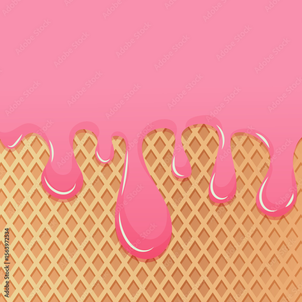 Strawberry ice cream waffle background. Pink dripping glaze on waffle texture